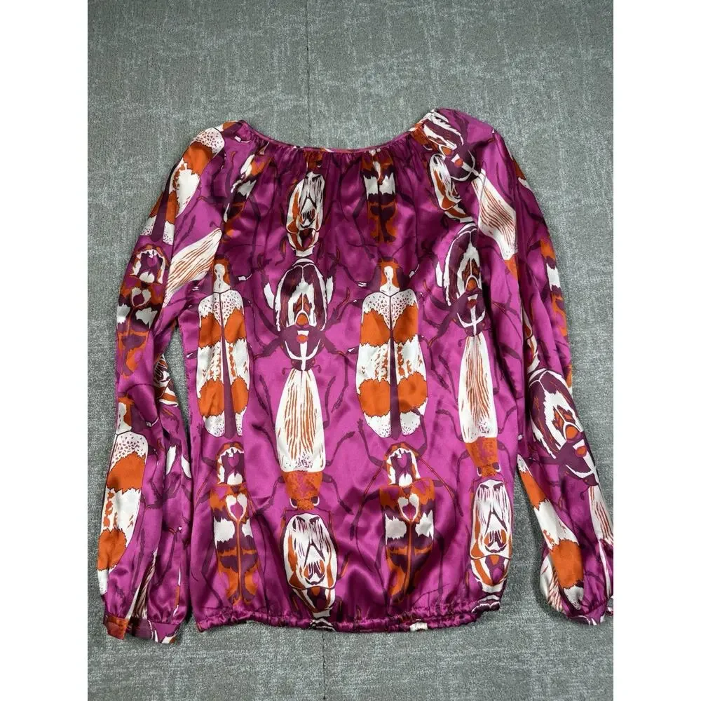 Tory Burch 100% Silk Beetle Print Top Fuchsia Orange Cream Size 6 - Picture 8 of 8